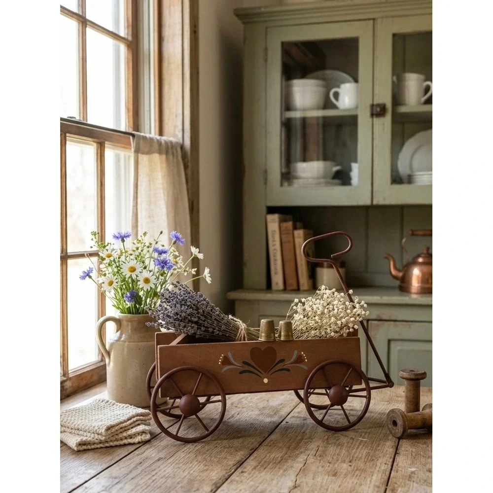Vintage Style Wooden Decorative Wagon Folk Art Heart Planter Farmhouse Decor